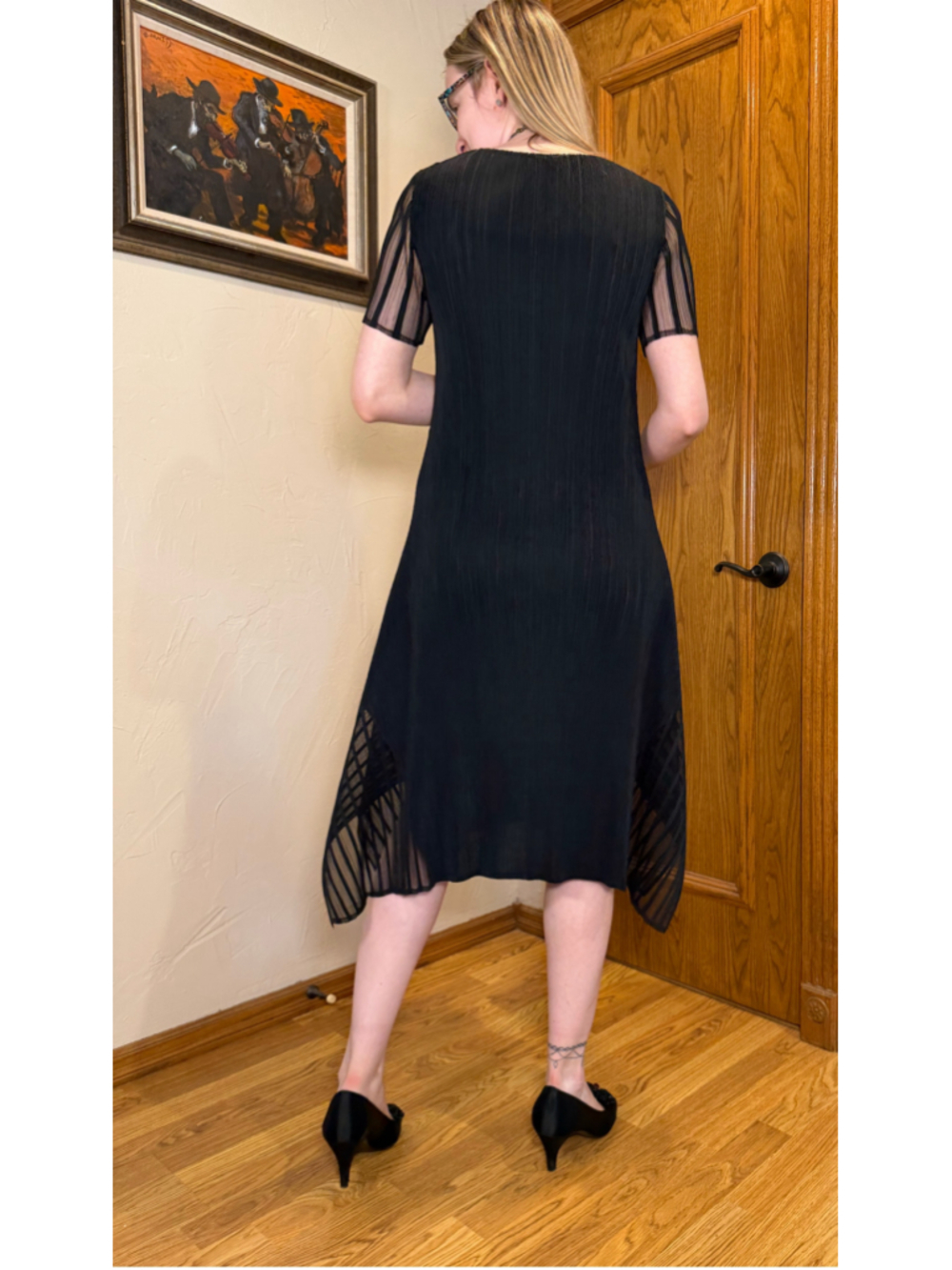 Veeca Black Pleated Lagenlook Midi Dress Sheer Mesh Asymmetrical S - Picture 2 of 11
